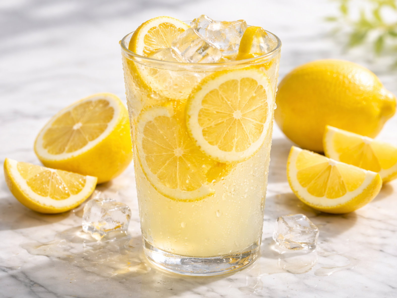 classic fresh lemonade with ice and lemon slices