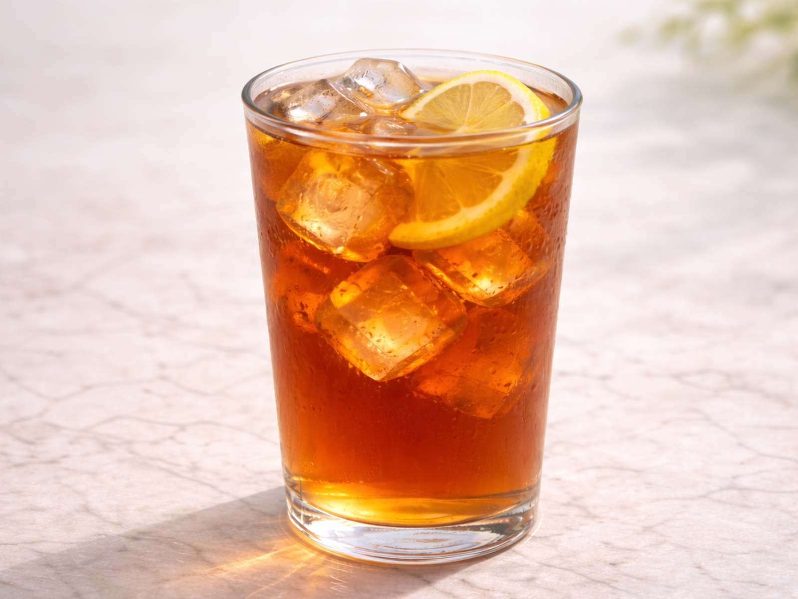 classic iced black tea served over ice with lemon twist