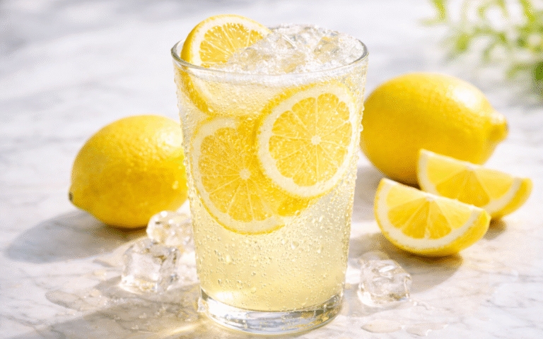classic sparkling lemonade with ice, lemon slices, and bubbles