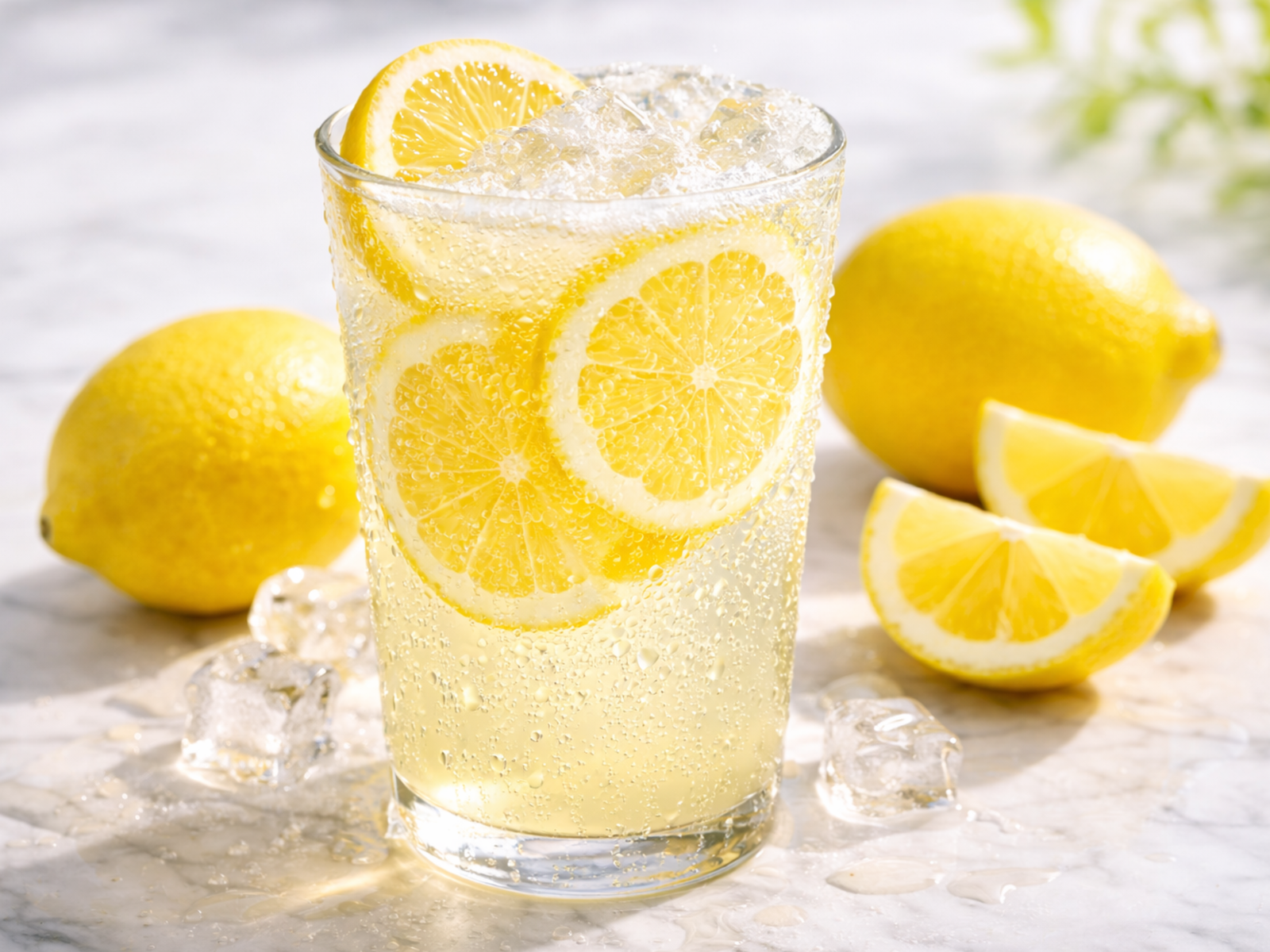 Classic Sparkling Lemonade classic sparkling lemonade with ice, lemon slices, and bubbles