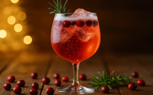 cranberry aperol campari spritz with rosemary and cranberries in wine glass