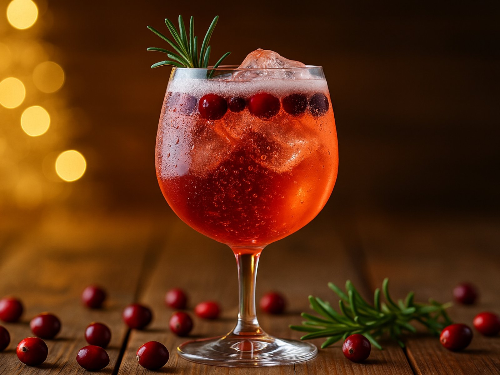 cranberry aperol campari spritz with rosemary and cranberries in wine glass