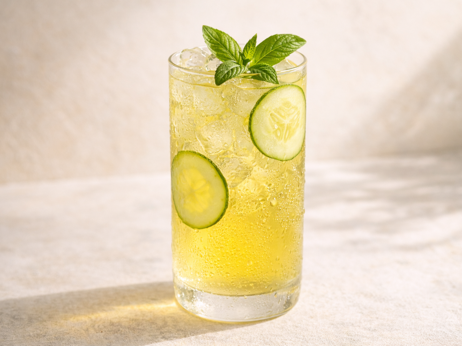 light cucumber mint green tea with ice, cucumber slices, and fresh herbs