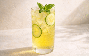Mango Iced Green Tea light cucumber mint green tea with ice, cucumber slices, and fresh herbs