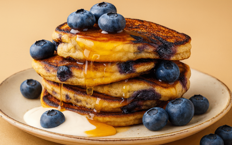 stack of fluffy blueberry buttermilk pancakes topped with butter and maple syrup