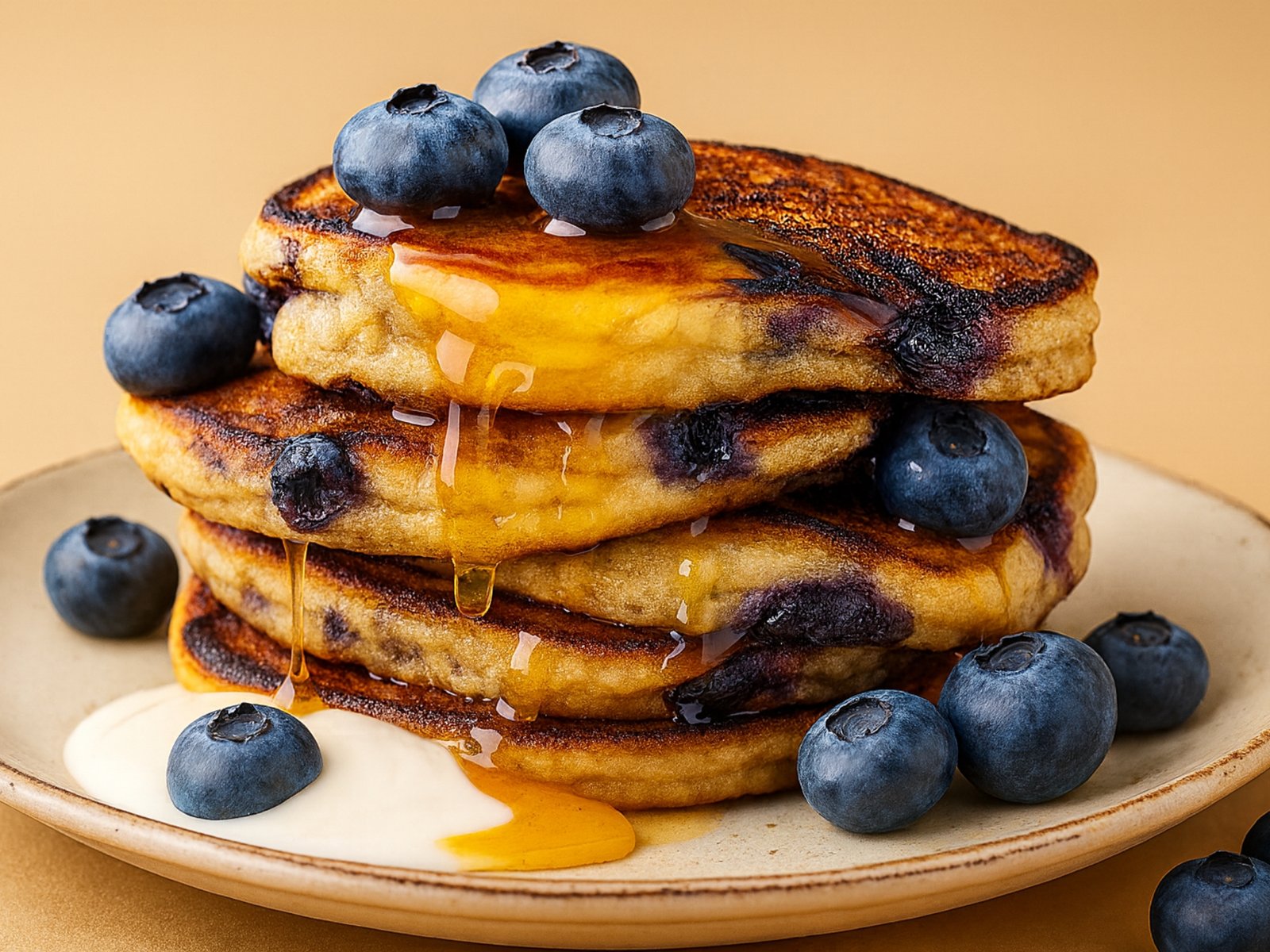 stack of fluffy blueberry buttermilk pancakes topped with butter and maple syrup