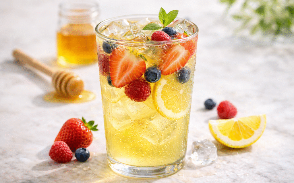 fresh berry green iced tea served over ice with mixed berries