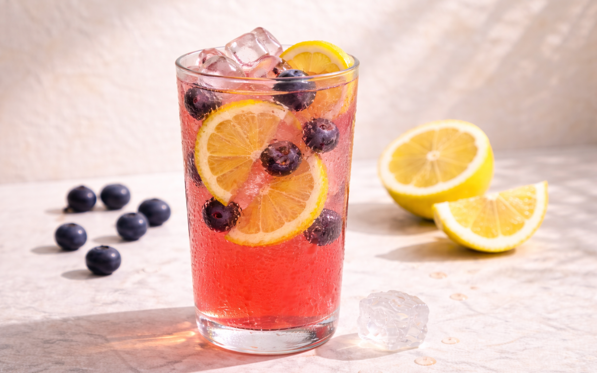 fresh blueberry lemonade with ice, lemon slices, and fresh blueberries