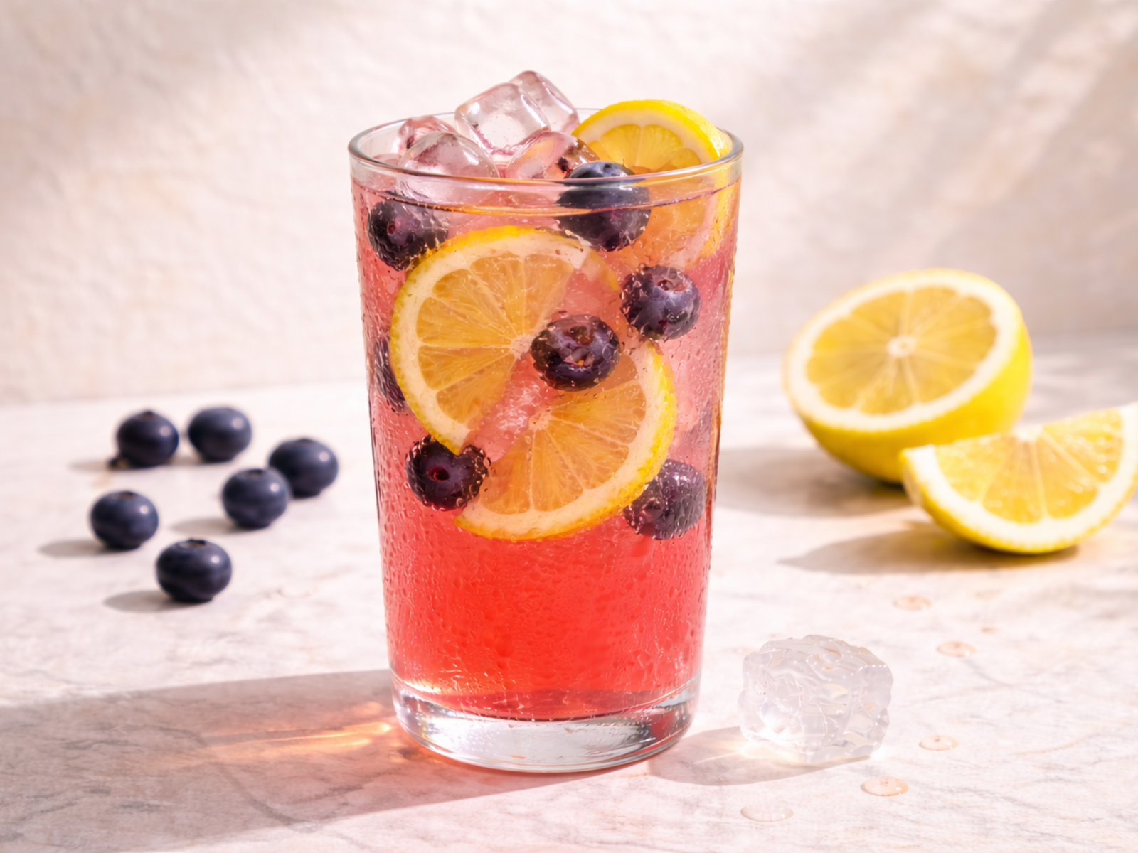 fresh blueberry lemonade with ice, lemon slices, and fresh blueberries