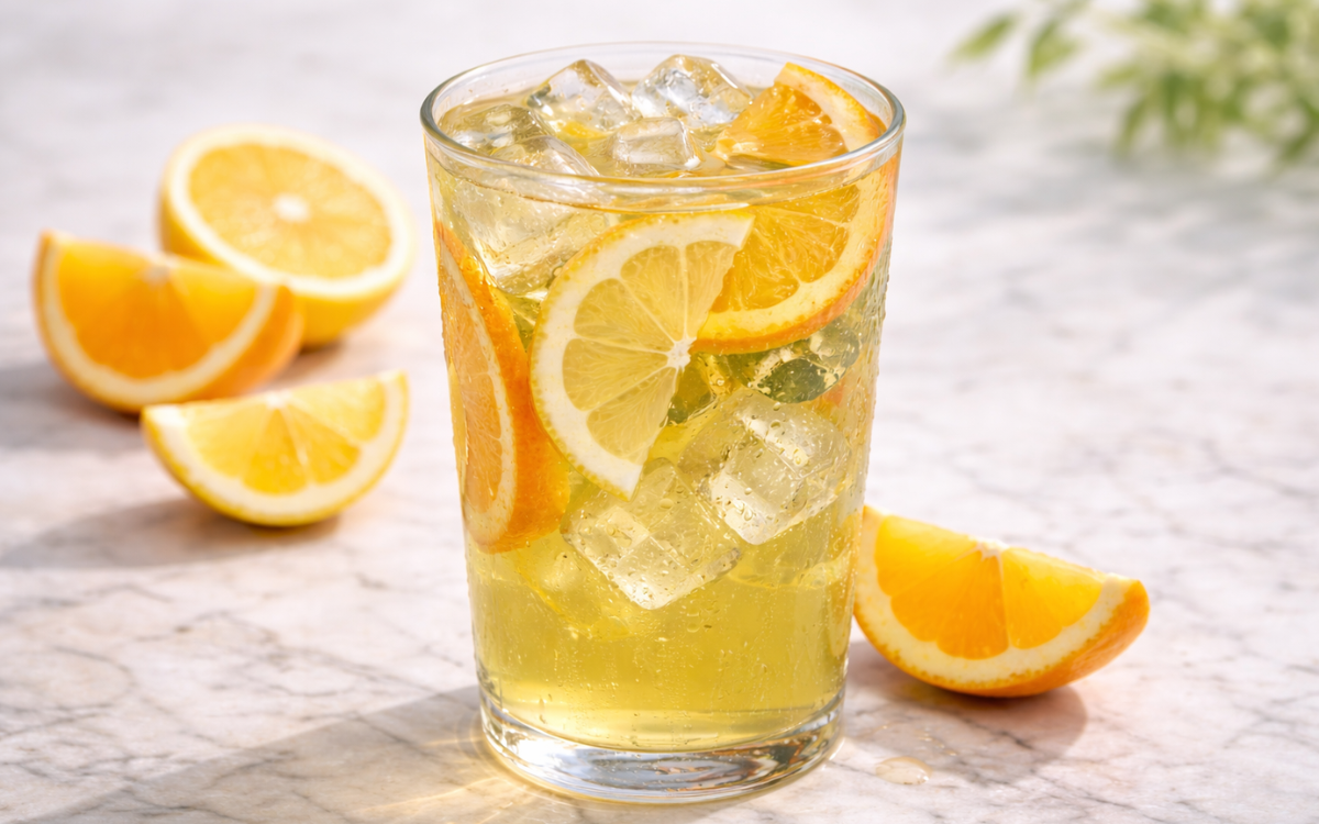 fresh citrus green iced tea served over ice with lemon and orange slices