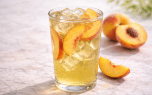 fresh peach green iced tea served over ice with peach slices