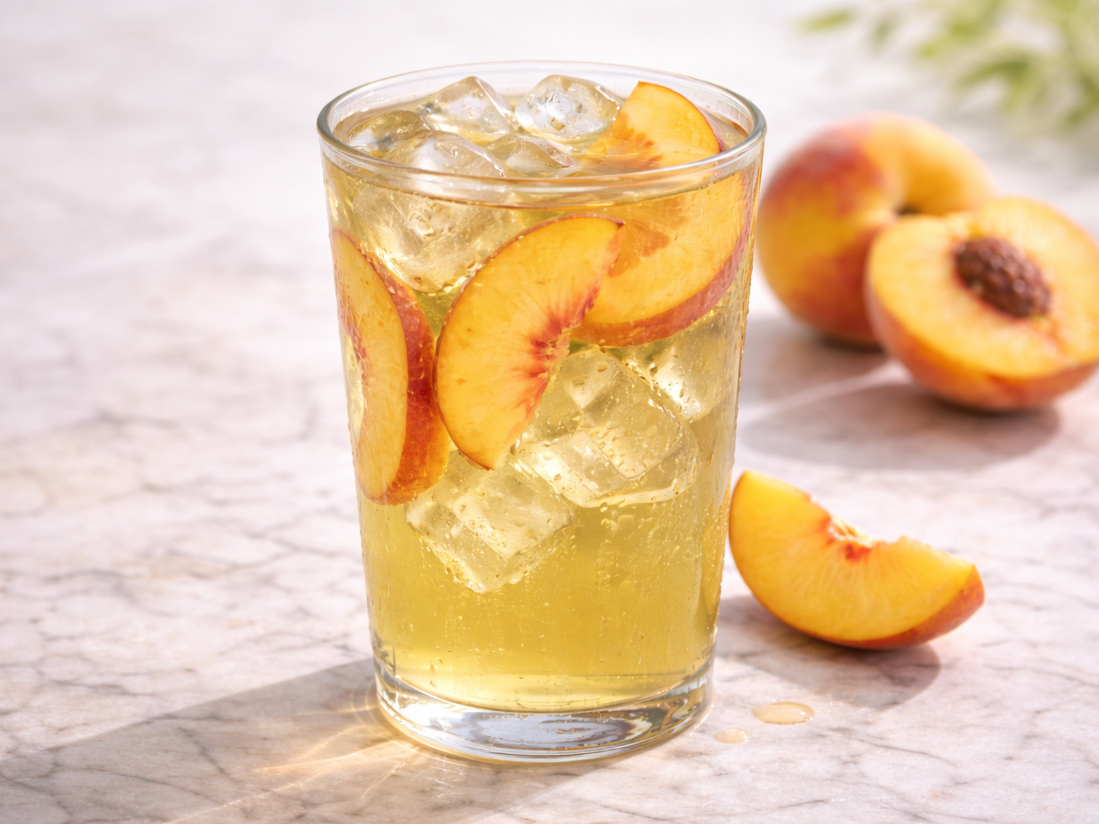 fresh peach green iced tea served over ice with peach slices