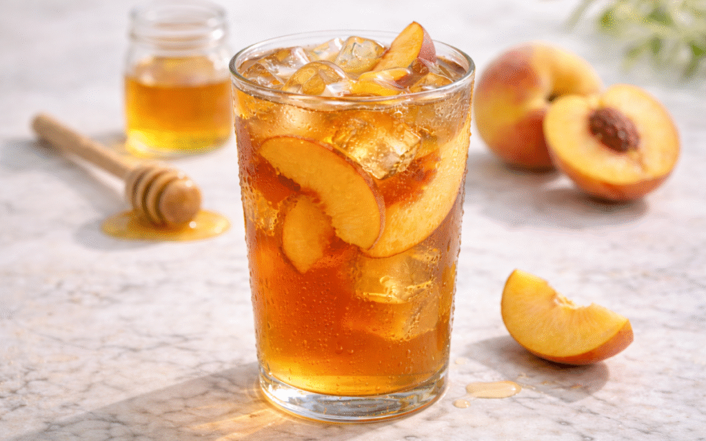fresh peach iced tea served over ice with ripe peach slices
