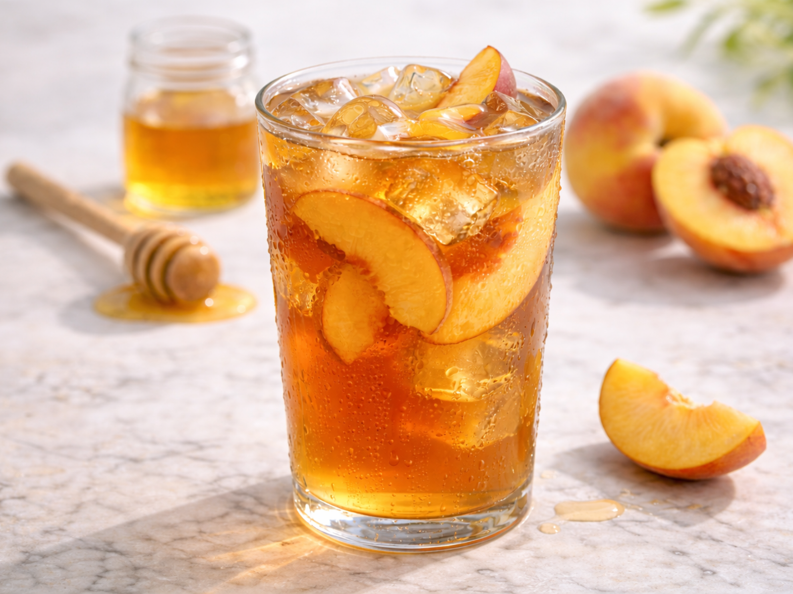 fresh peach iced tea served over ice with ripe peach slices