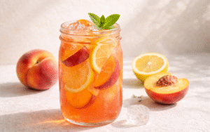 Classic Sparkling Lemonade fresh peach lemonade with ice, lemon slices, and ripe peaches