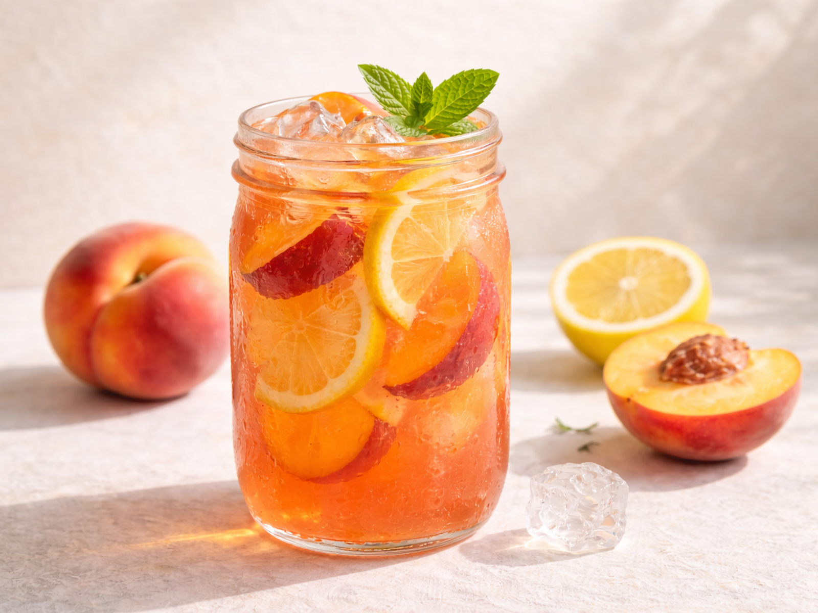fresh peach lemonade with ice, lemon slices, and ripe peaches