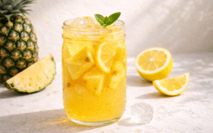 Orange Cold Brew Iced Tea fresh pineapple lemonade with ice, lemon slices, and pineapple cubes