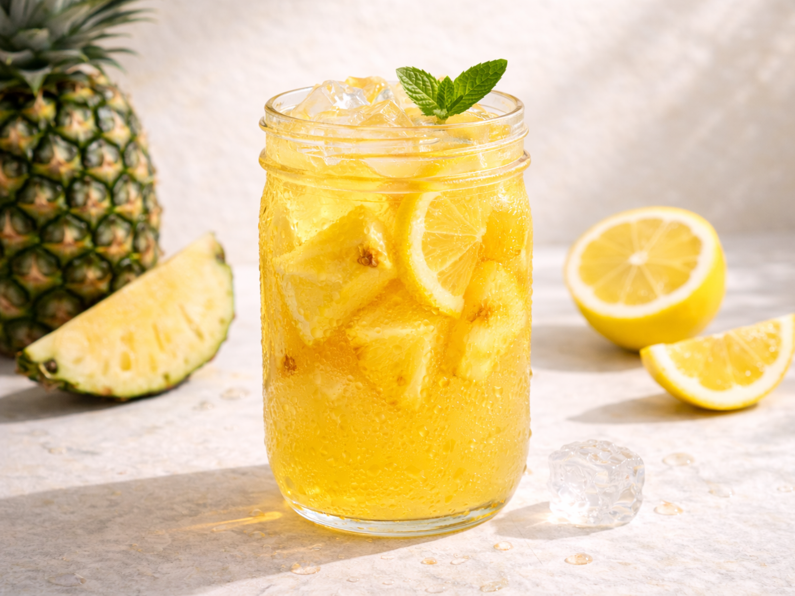 fresh pineapple lemonade with ice, lemon slices, and pineapple cubes