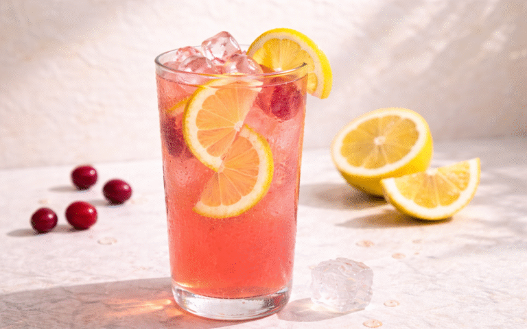 fresh pink lemonade with ice, lemon slices, and cranberries