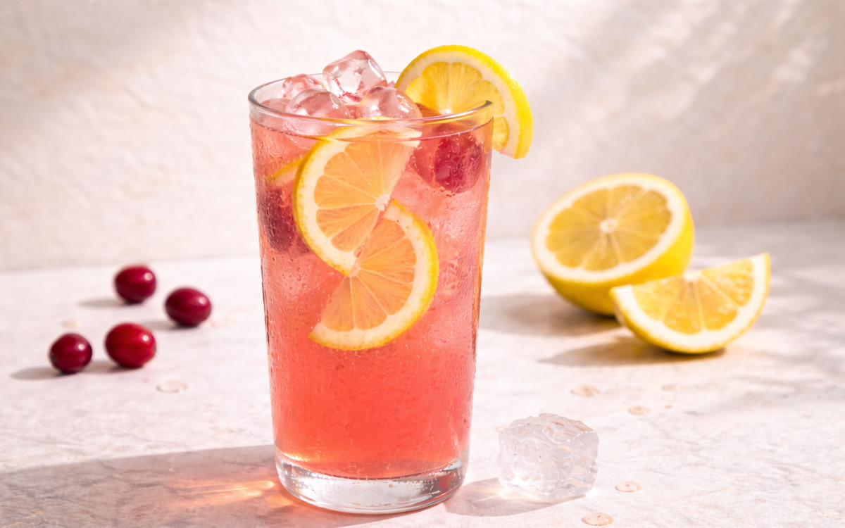 fresh pink lemonade with ice, lemon slices, and cranberries
