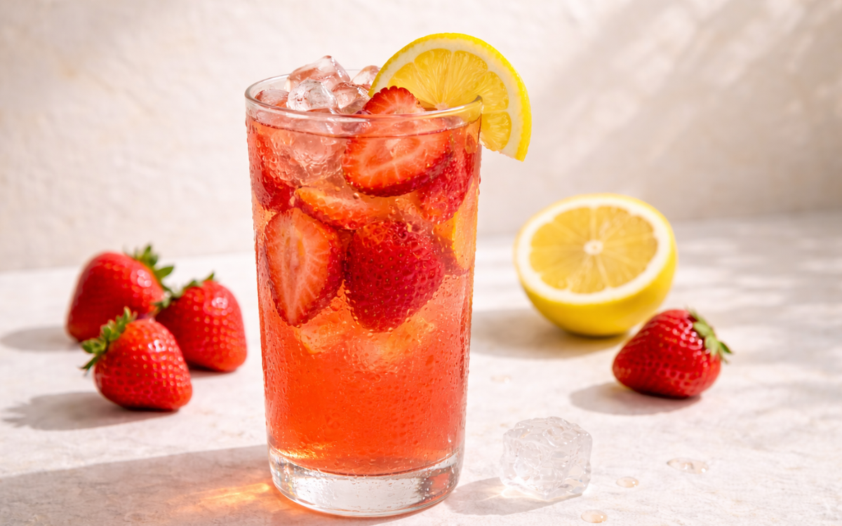 fresh strawberry lemonade with ice, lemon slices, and ripe strawberries