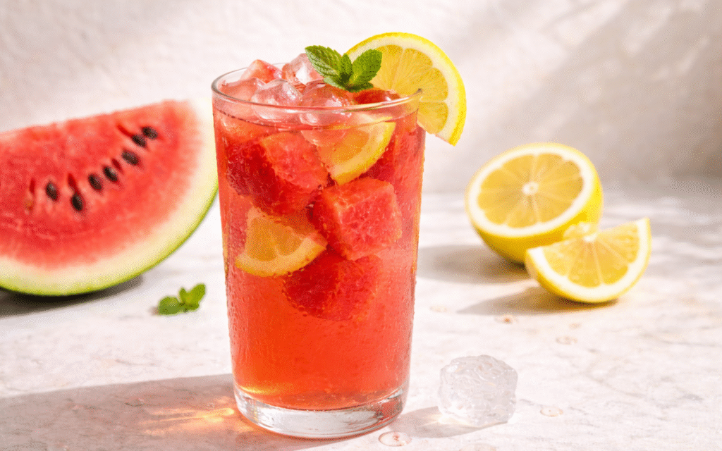 fresh watermelon lemonade with ice, lemon slices, and watermelon cubes