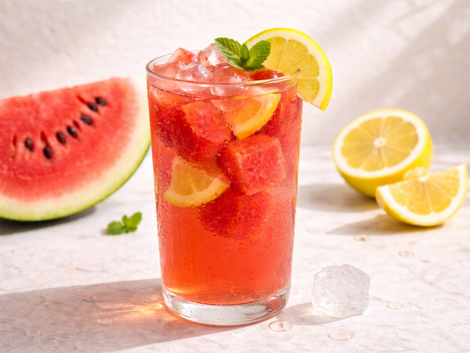 fresh watermelon lemonade with ice, lemon slices, and watermelon cubes
