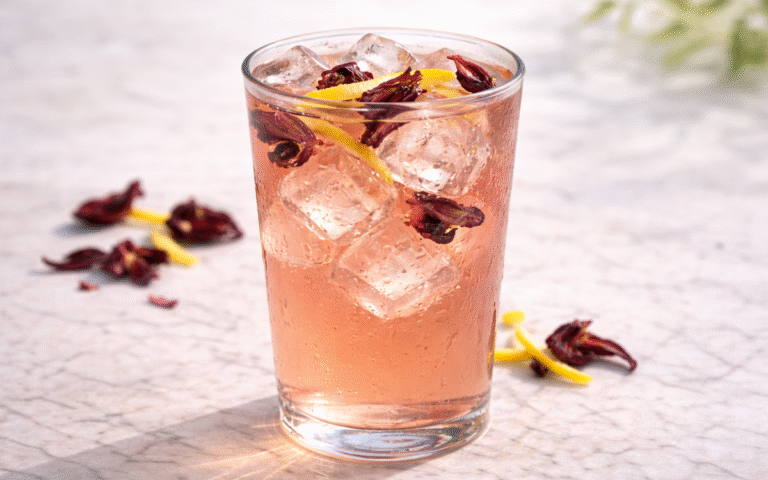 hibiscus white iced tea served over ice with lemon peel garnish