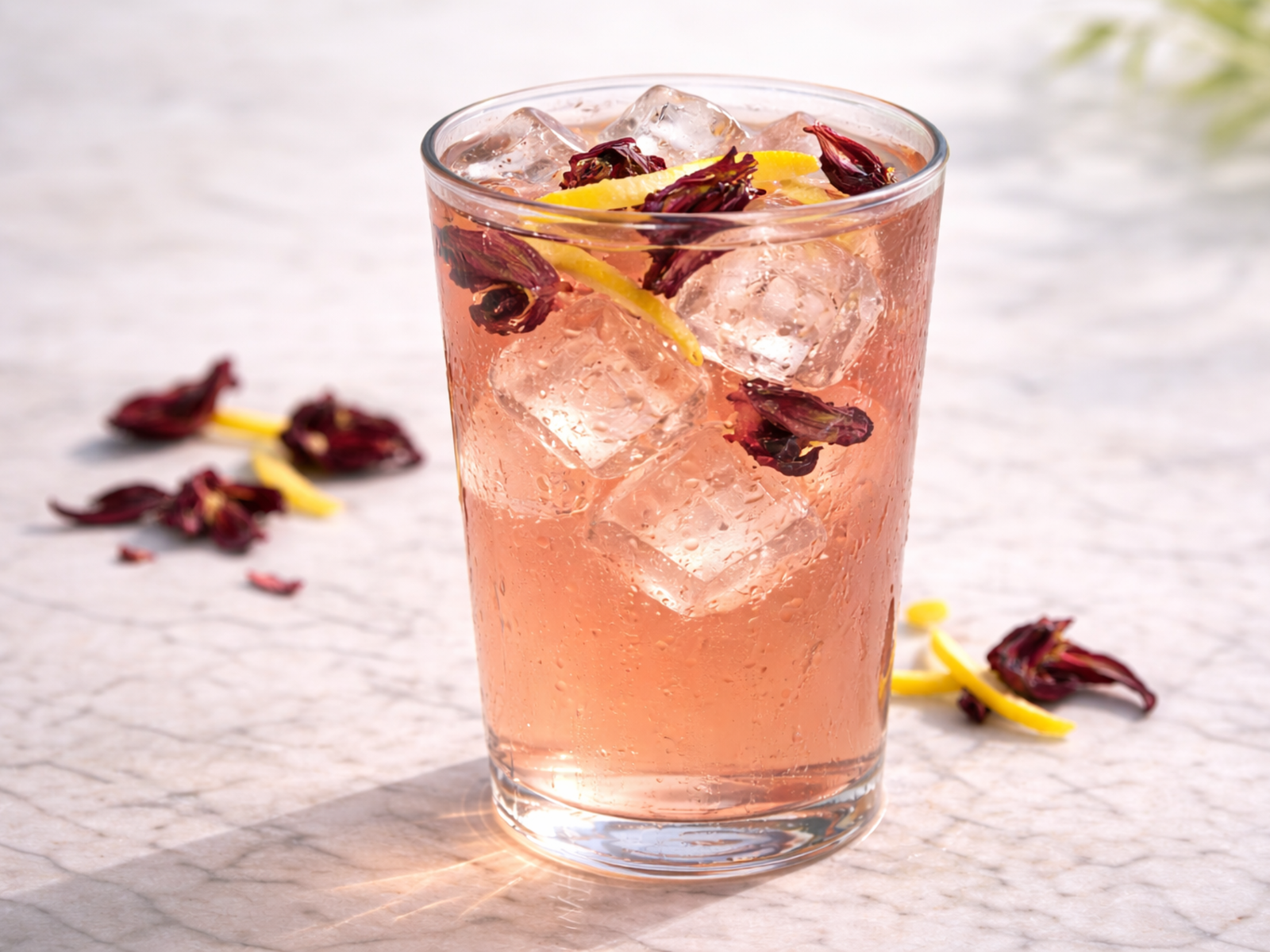 hibiscus white iced tea served over ice with lemon peel garnish