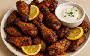 crispy honey lemon pepper wings with ranch dip on white plate