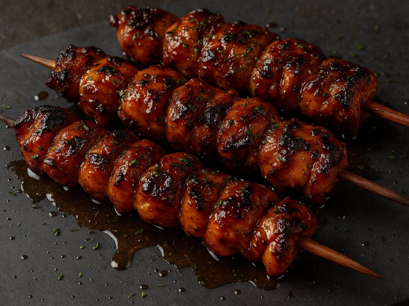 honey sriracha grilled chicken skewers brushed with glaze on outdoor grill