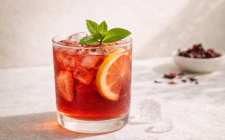 light hibiscus mint cooler with ice and fresh mint