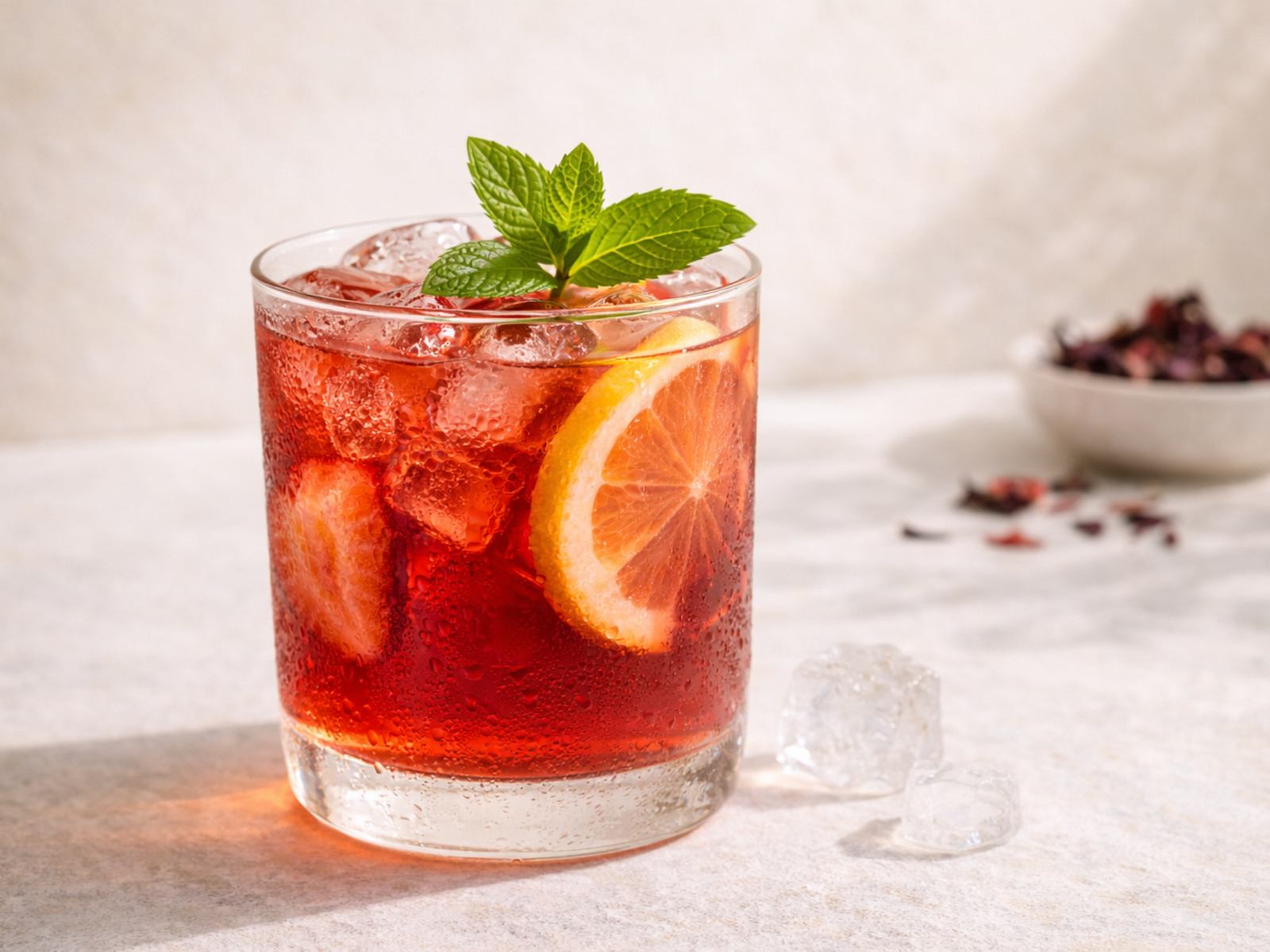 light hibiscus mint cooler with ice and fresh mint