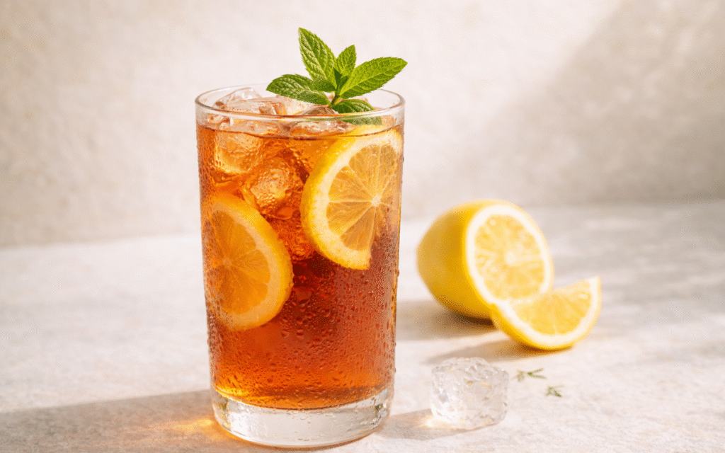 light lemon mint iced black tea served over ice with fresh lemon and mint