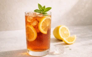 light lemon mint iced black tea served over ice with fresh lemon and mint