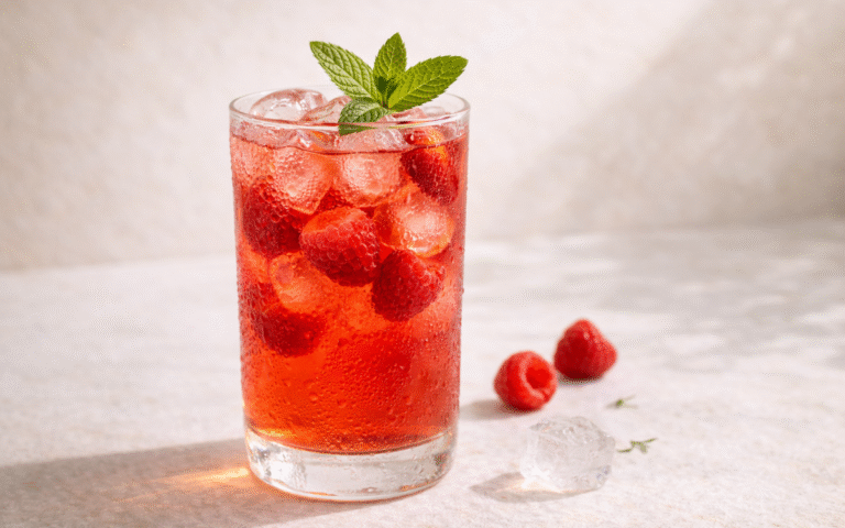 light raspberry mint iced tea served over ice with fresh raspberries and mint