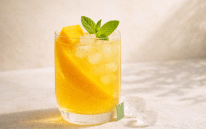 light mango green tea lemonade with ice, fresh mint, and mango garnish