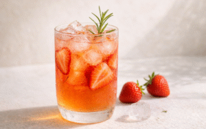 light strawberry rosemary iced white tea with ice and fresh herbs