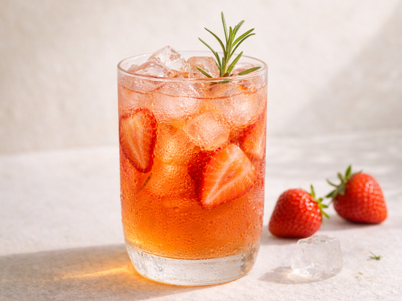 light strawberry rosemary iced white tea with ice and fresh herbs