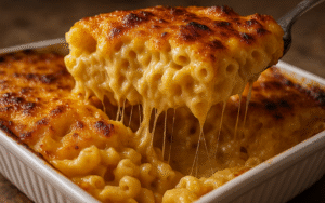 ultra creamy baked mac and cheese in white baking dish with golden bubbly top