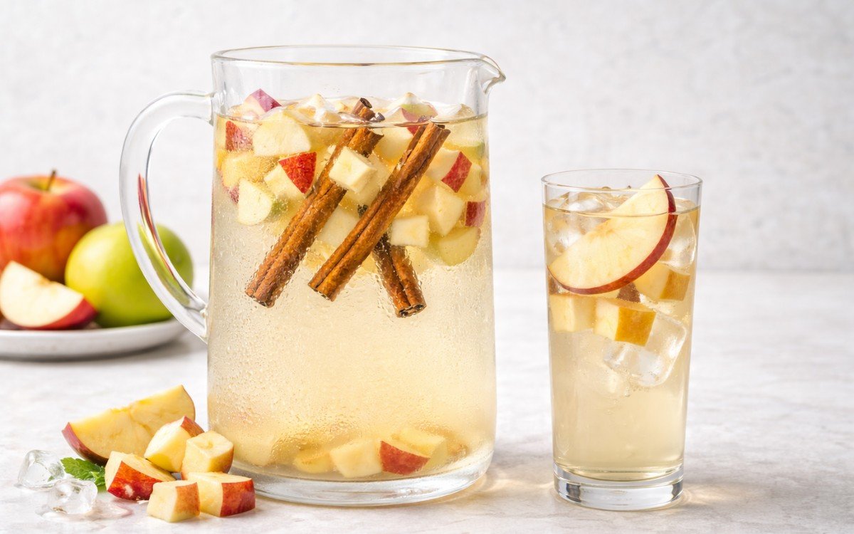 pitcher of apple cinnamon infused water with sliced apples and cinnamon sticks