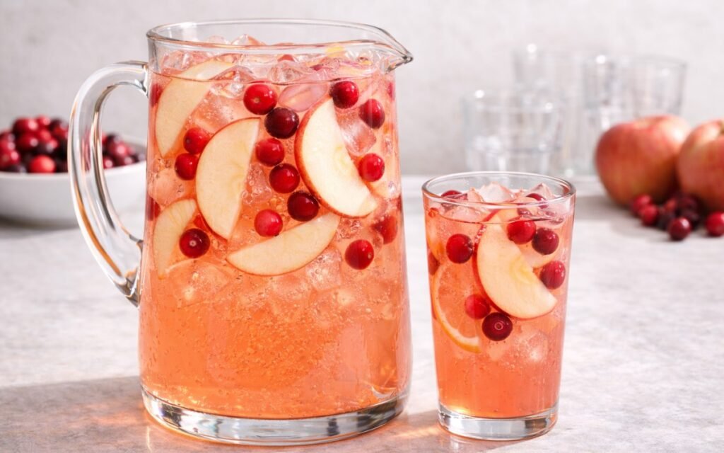 apple cranberry pitcher drink with ice and fresh cranberries