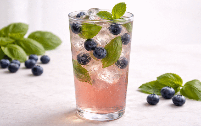 basil blueberry sparkling herbal cooler served over ice with fresh basil and blueberries