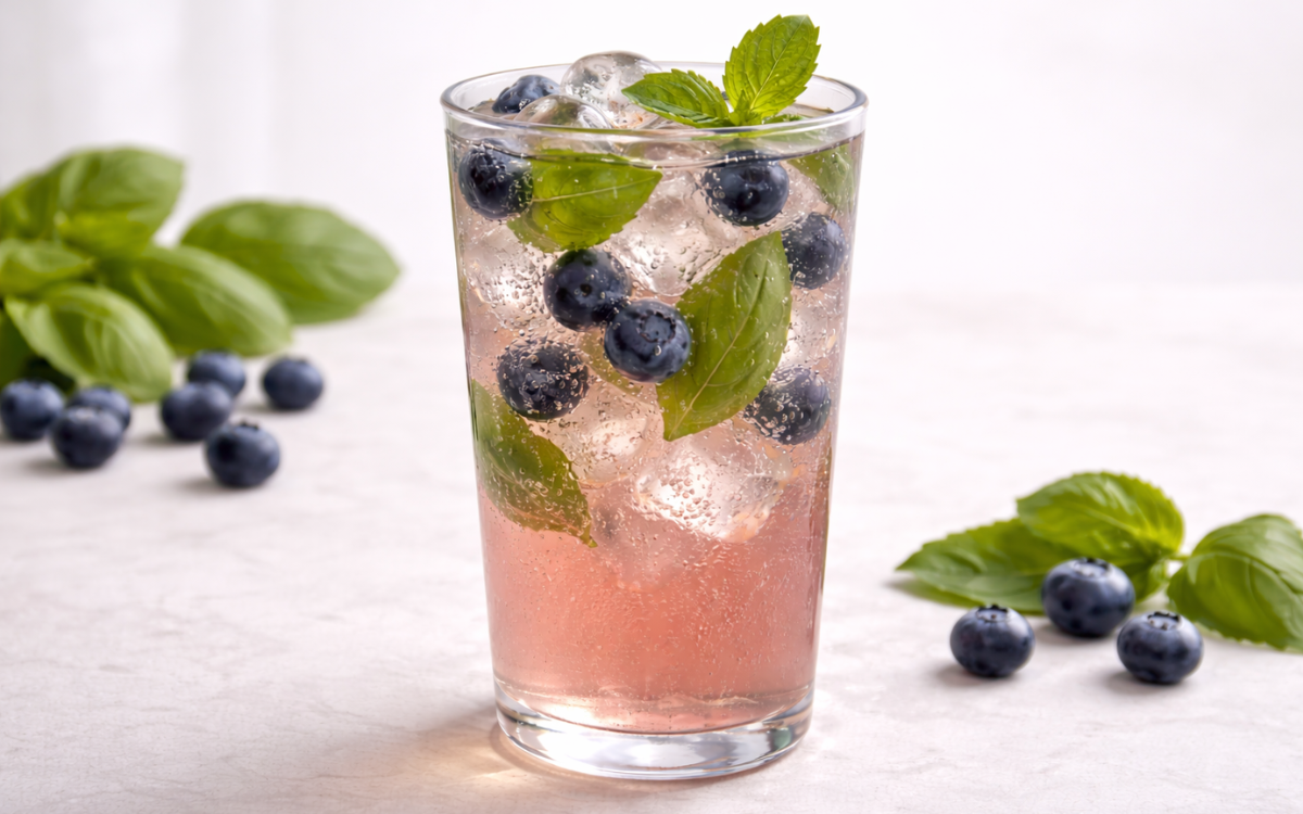 basil blueberry sparkling herbal cooler served over ice with fresh basil and blueberries