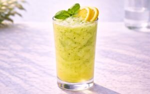 blended basil lemonade with lemon slices and fresh basil leaves