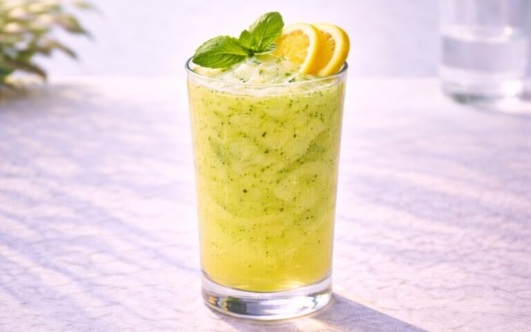 blended basil lemonade with lemon slices and fresh basil leaves