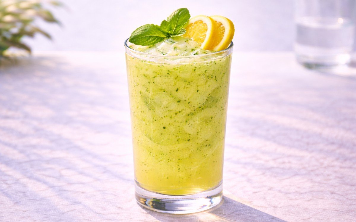 blended basil lemonade with lemon slices and fresh basil leaves