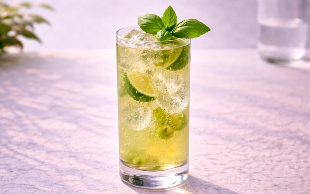 basil smash mocktail served over ice with fresh basil and lime slice wedges