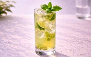 basil smash mocktail served over ice with fresh basil and lime slice wedges