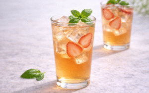 basil strawberry white iced tea served over ice with fresh strawberries and basil